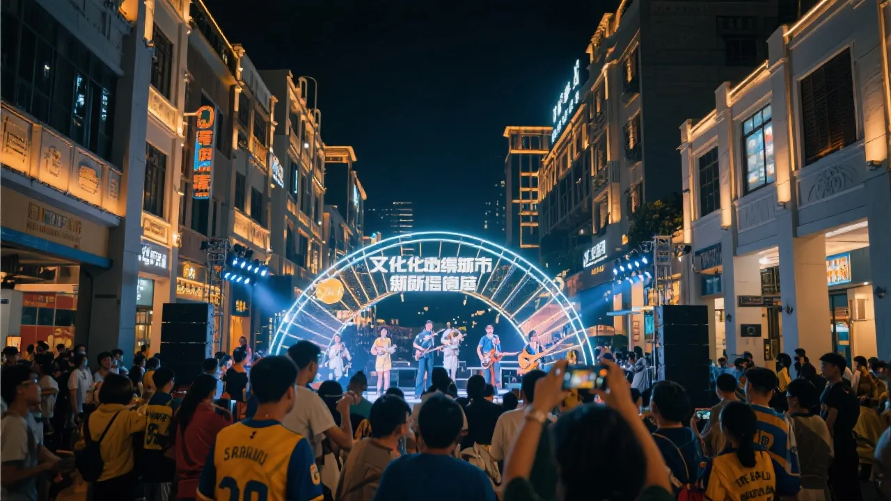 夜间城市文化节庆与球迷互动，灯光与公共空间展示文化输出与软实力