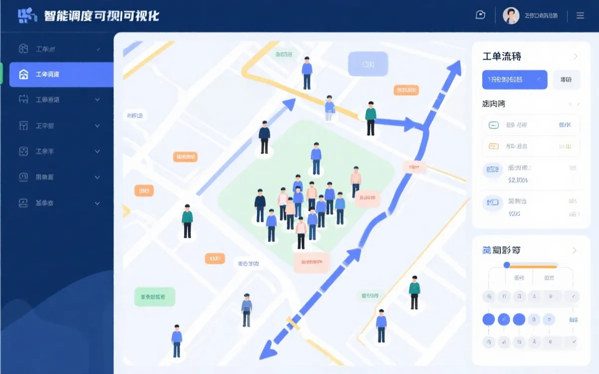 智能调度界面示意：工单、人员布岗、车辆路线与人流热力图联动